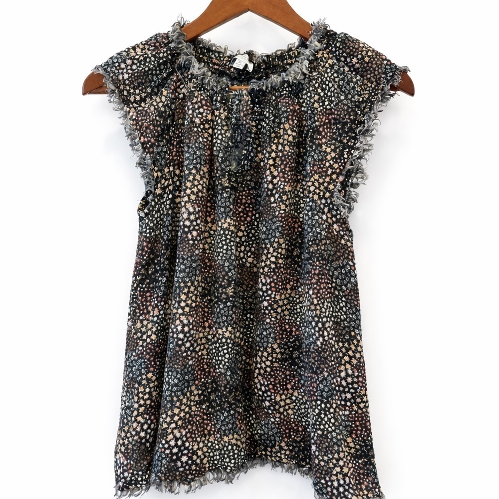 True Craft Boho Floral Frayed Edge Tie Neck Blouse Women’s Medium